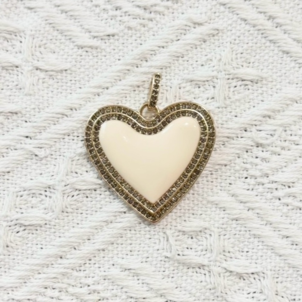 Marlyn Schiff white enamel heart pendant with gold rhinestones NEW